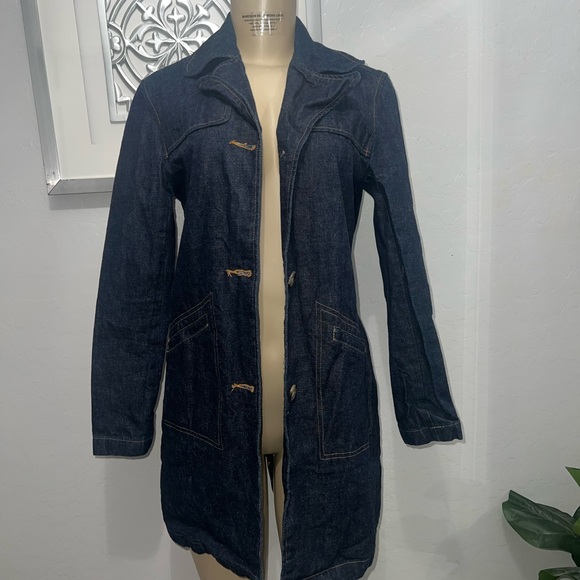 OLD NAVY Denim Knee Length Pouch Pockets Trench Coat Blue Size Small - Picture 1 of 6